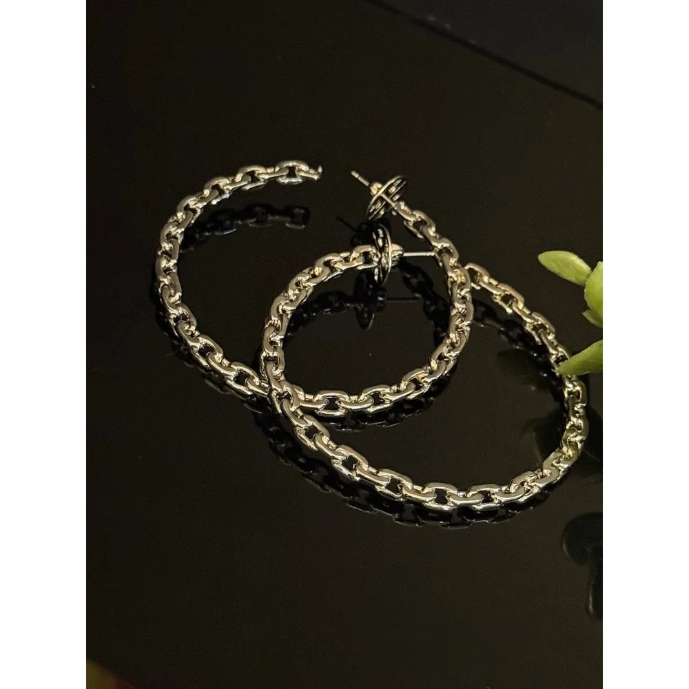 Tory Burch Silver Tone Chain Link Hoop Earrings Large Statement Post Backs